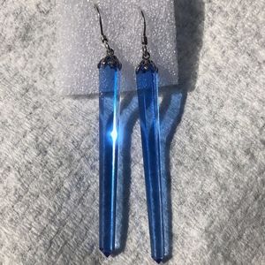 Vintage Sterling Silver Boho Long Dangle Blue Crystal Earrings
